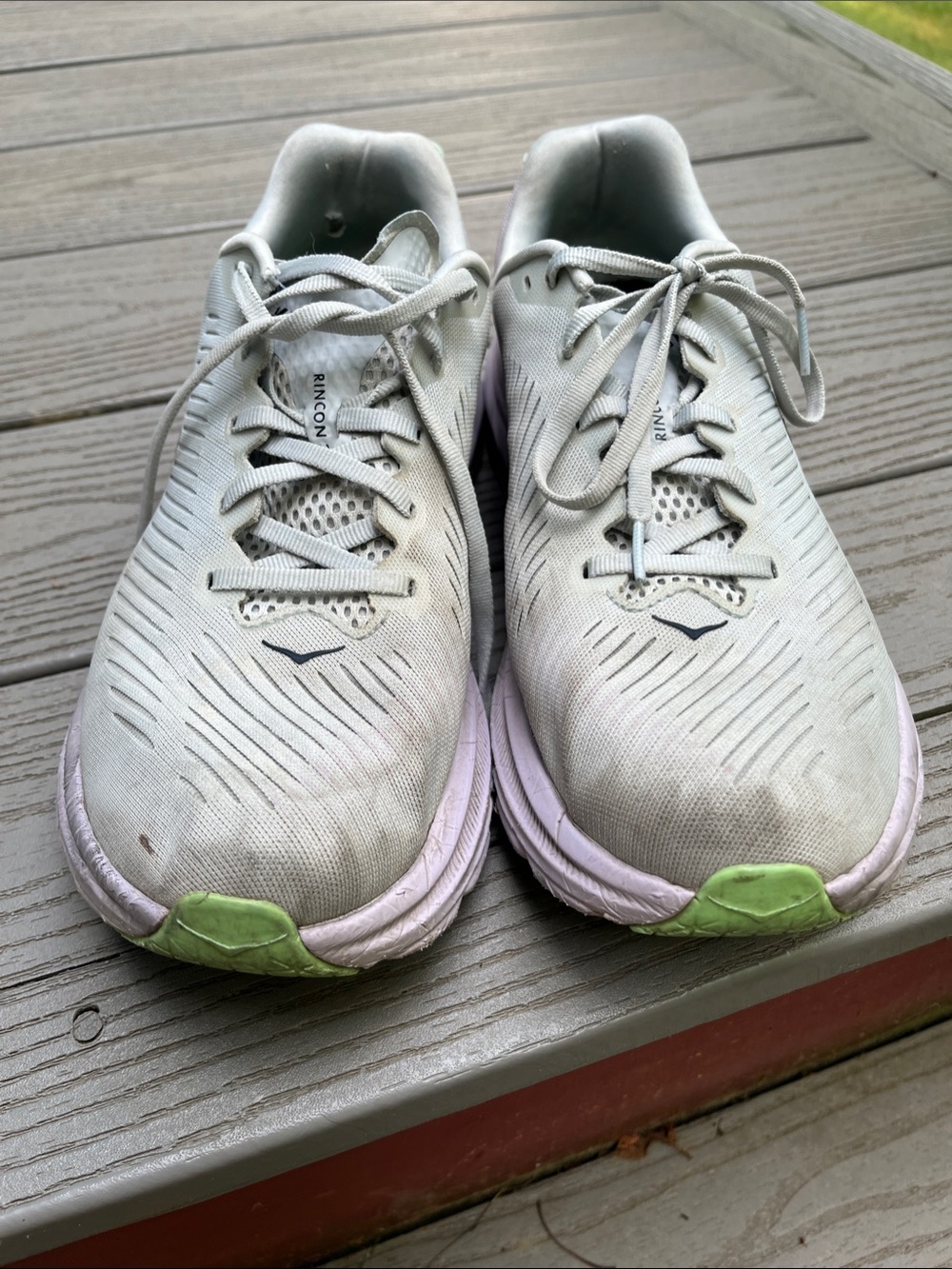Hoka Women's Light Gray Sneakers with Pink Midsole and Lime Toe